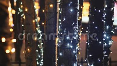 圣诞节。 在夜晚的城市街道上，一丛丛丛的树木在节日的发光照明中。 特写镜头。 新年主题。